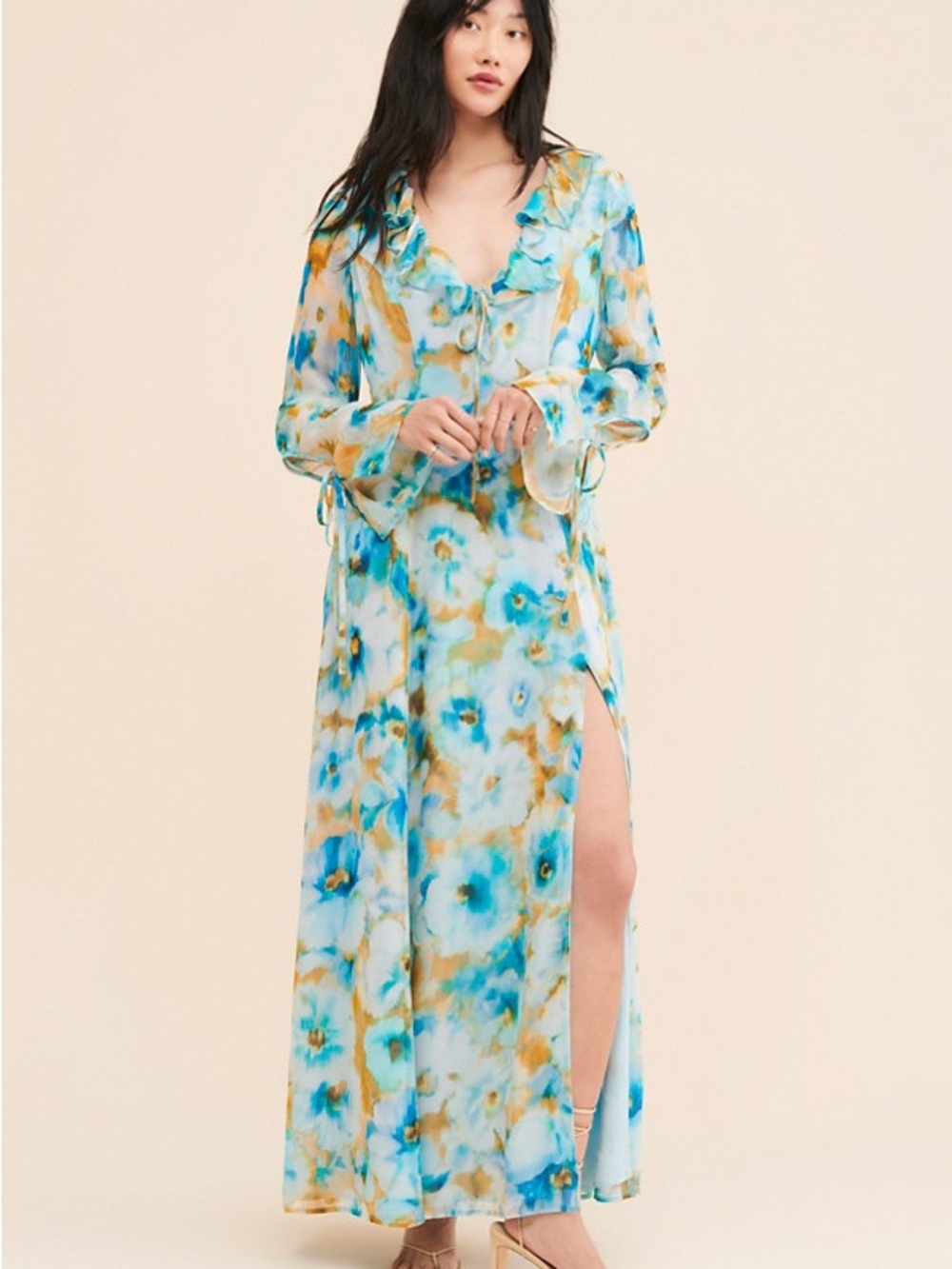 Turquoise & Gold Watercolor Maxi Dress with Ruffle Neck
